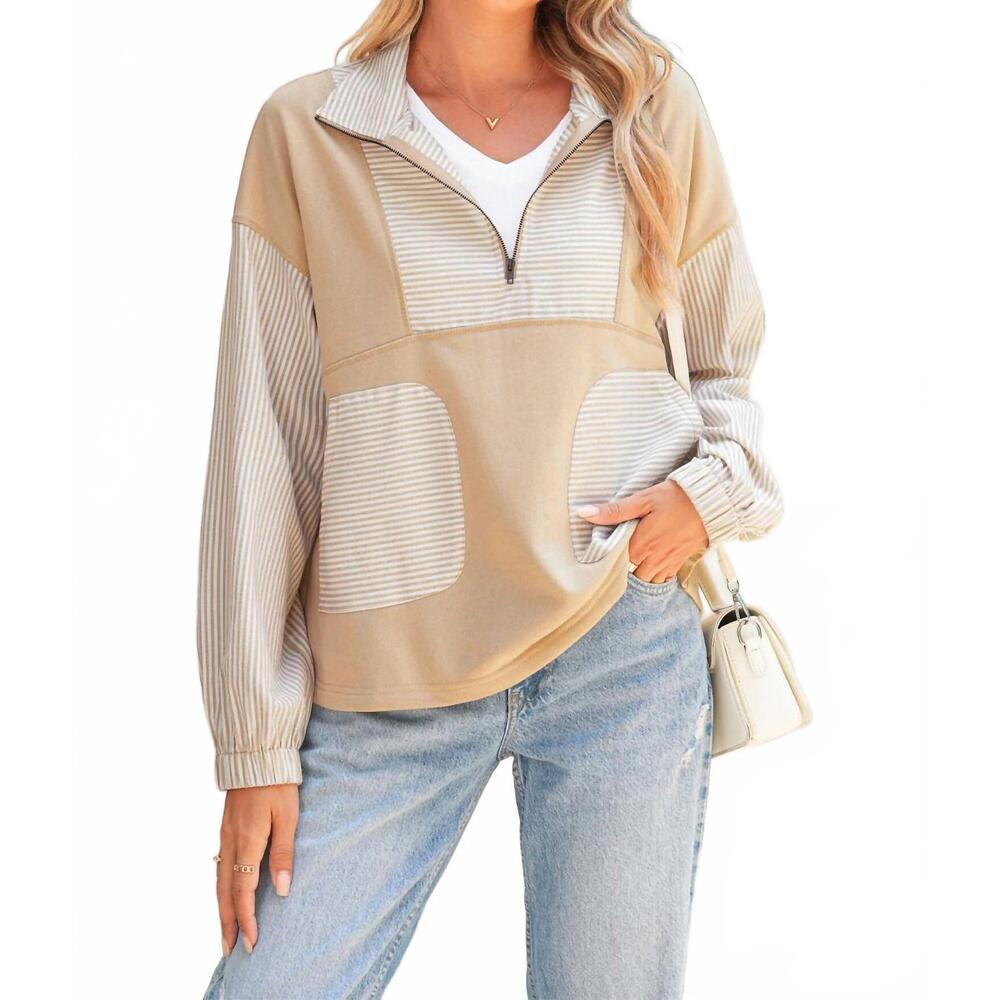 NEW SHEWIN women's striped zip pullover top in khaki